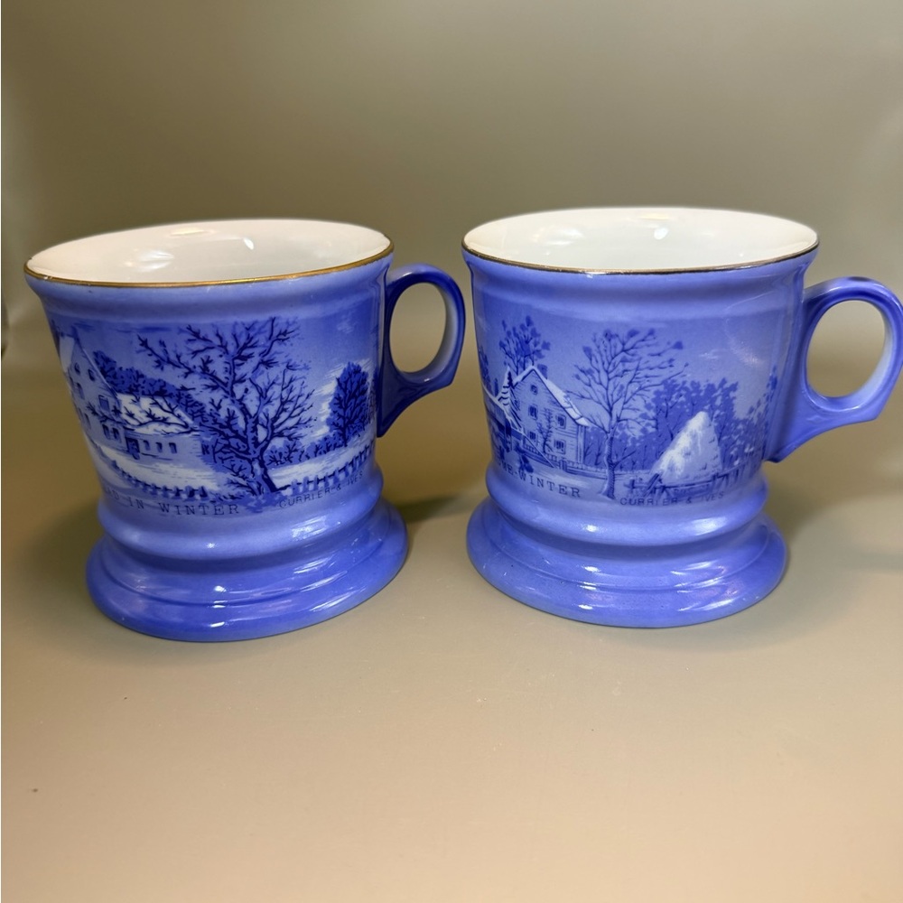 Vintage blue and white Currier & Ives mug "The Old Homestead in Winter".